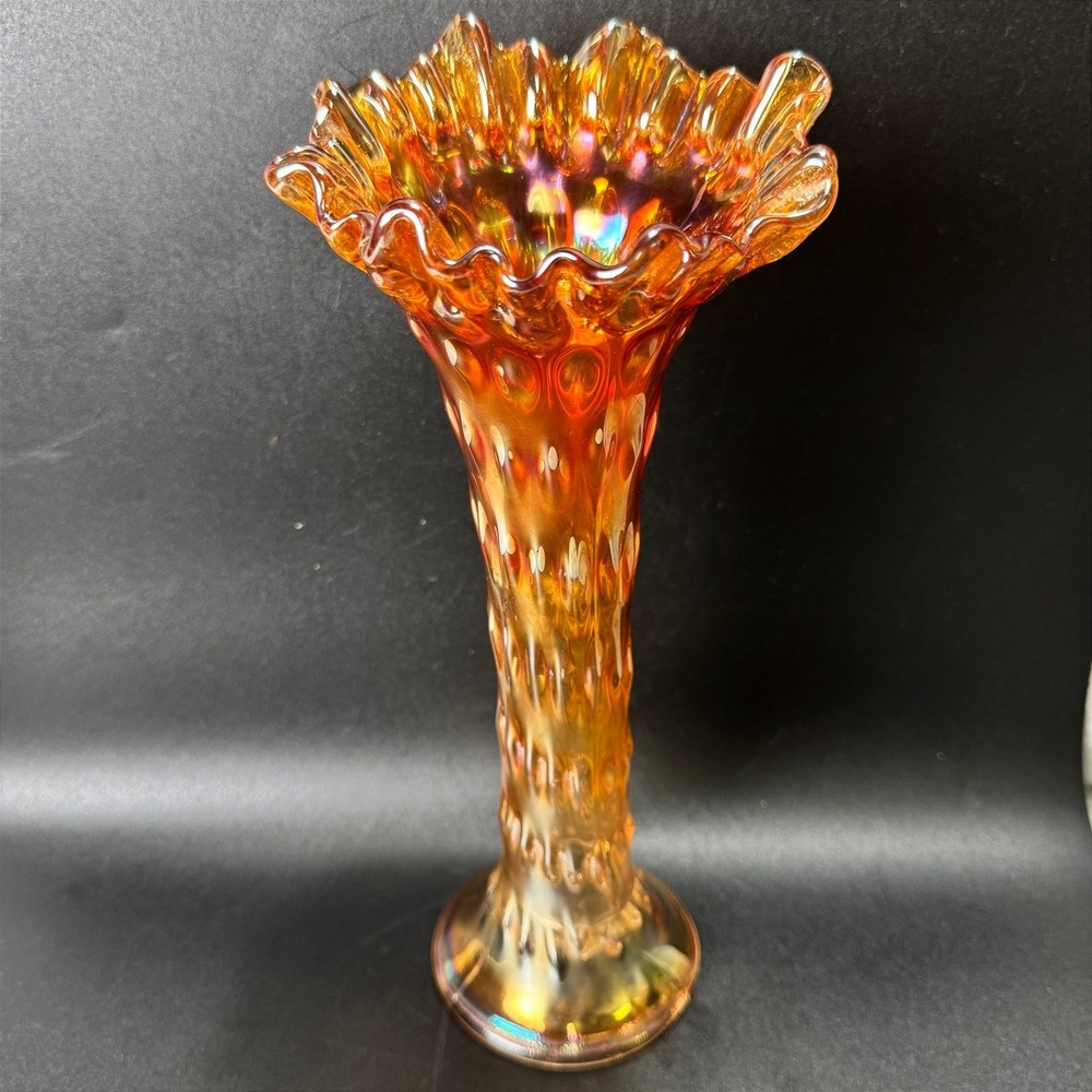 Vintage Marigold Swung Carnival Glass Vase Ruffled Rim Iridescent